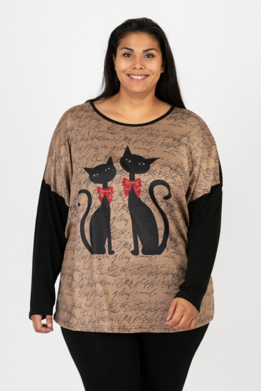 Großhändler Pomme Rouge Paris - Beigefarbener Pullover mit Katzenmuster (C6610)