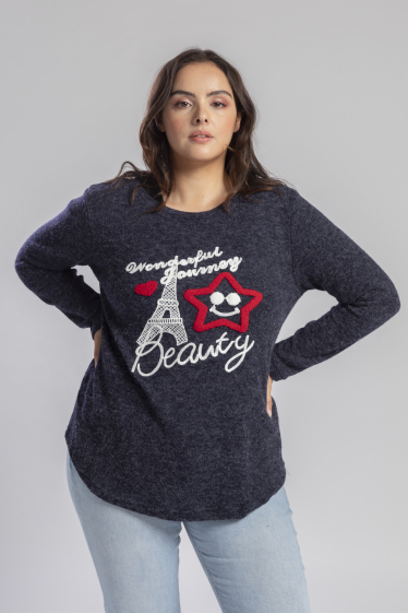 Wholesaler Pomme Rouge Paris - Blue sweater with embroidery (A961)
