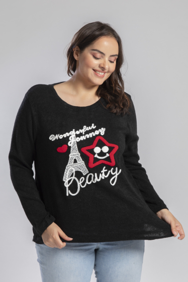 Wholesaler Pomme Rouge Paris - Black sweater with embroidery (A961)