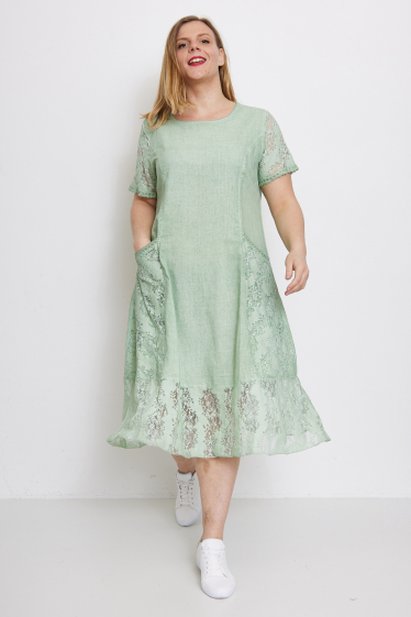 Großhändler Pomme Rouge Paris - Grünes Kleid aus Baumwolle/Leinen (C8007)
