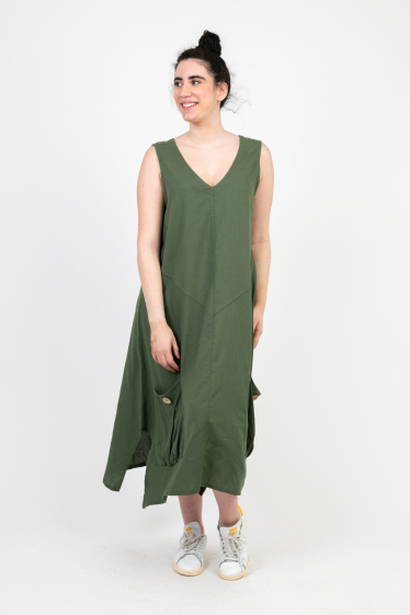 Wholesaler Pomme Rouge Paris - Khaki A-Line Linen Dress (C8019)