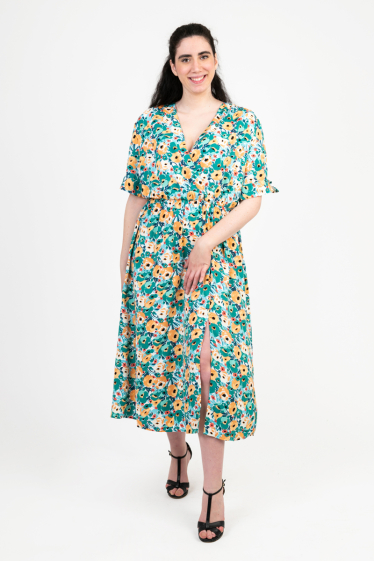 Wholesaler Pomme Rouge Paris - Green Printed Slit Dress (C6555)