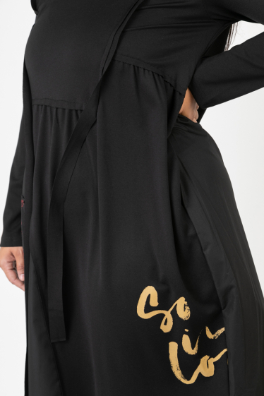 Mayorista Pomme Rouge Paris - Vestido negro con estampados y canalé (C6637)