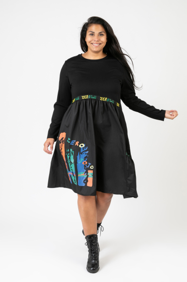 Wholesaler Pomme Rouge Paris - Black ruffled dress with pattern (CA6629)