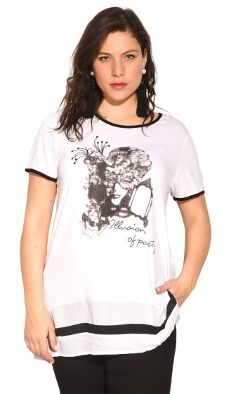 Großhändler Pomme Rouge Paris - Weißes und schwarzes T-Shirt mit Muster (A602)