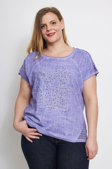 Wholesaler Pomme Rouge Paris - Purple cat pattern tshirt (C8002)