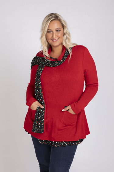 Wholesaler Pomme Rouge Paris - Tunic - Sweater with matching red scarf (A628)