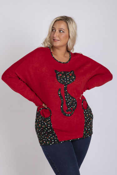 Wholesaler Pomme Rouge Paris - Tunic-Sweater with red cat pattern (A631)