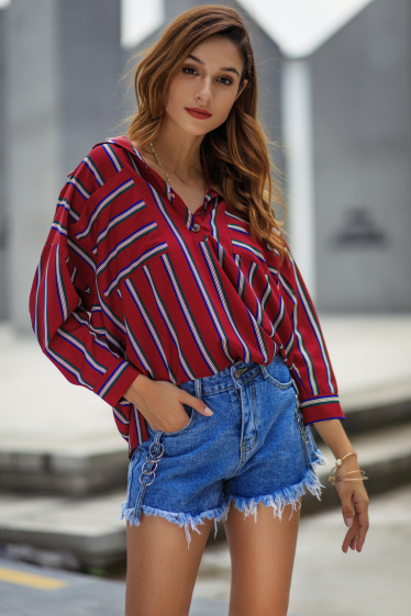 Wholesaler PRETTY SUMMER - Burgundy and white striped blouse in bohemian chic style