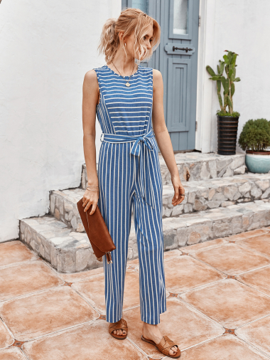 Wholesaler PRETTY SUMMER - Azure and white striped jumpsuit in bohemian chic style