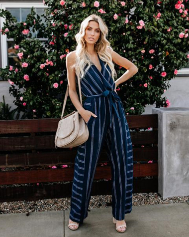 Wholesaler PRETTY SUMMER - Petrol blue striped jumpsuit in bohemian chic style