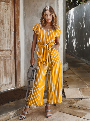 Wholesaler PRETTY SUMMER - Mustard and white striped jumpsuit bohemian chic style