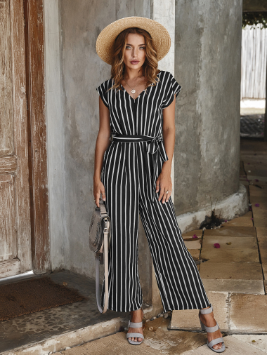 Wholesaler PRETTY SUMMER - Black striped jumpsuit bohemian chic style