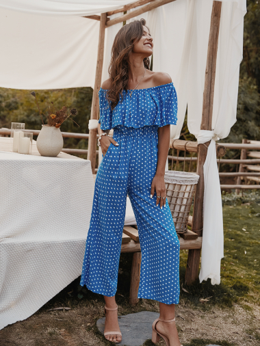 Wholesaler PRETTY SUMMER - Cobalt blue and white ruffled jumpsuit in bohemian chic style