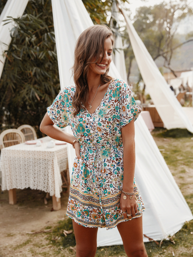 Wholesaler PRETTY SUMMER - White and turquoise playsuit in bohemian chic style