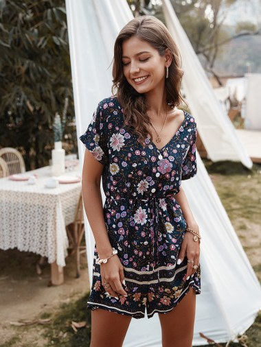 Wholesaler PRETTY SUMMER - Navy blue and pink bohemian chic playsuit