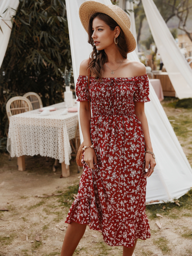 Wholesaler PRETTY SUMMER - Burgundy bohemian chic style dress