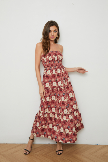Wholesaler PRETTY SUMMER - Long strapless dress Red and white bohemian chic style
