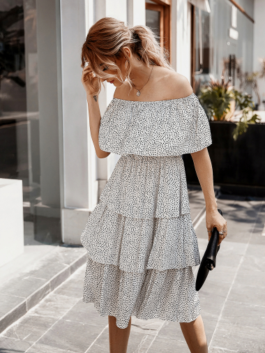Wholesaler PRETTY SUMMER - Strapless ruffled dress White and black bohemian chic style