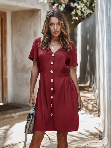 Wholesaler PRETTY SUMMER - Burgundy bohemian chic style shirt dress