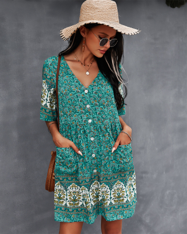 Wholesaler PRETTY SUMMER - Turquoise and duck blue shirt dress bohemian chic style