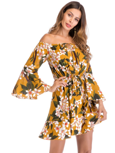 Wholesaler PRETTY SUMMER - Short floral dress Mustard bohemian chic style