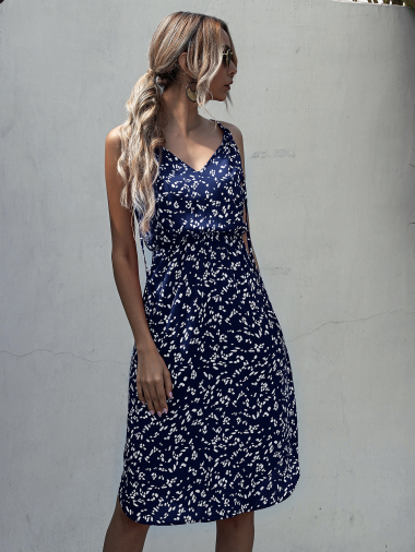 Großhändler PRETTY SUMMER - Gerades Kleid im Bohème-Chic-Stil in Marineblau und Weiß