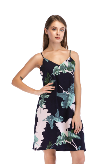 Wholesaler PRETTY SUMMER - Floral straight dress Navy blue bohemian chic style