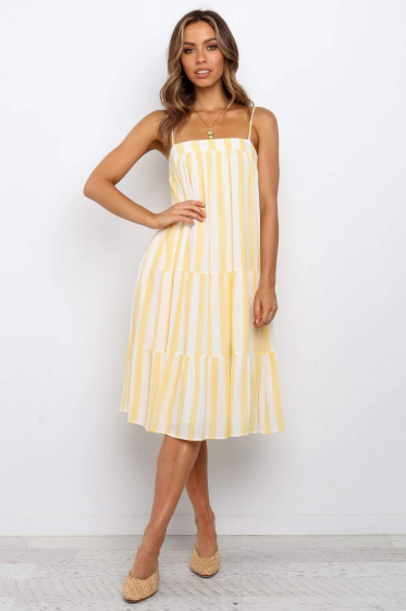 Großhändler PRETTY SUMMER - Gelb-weißes ausgestelltes Kleid