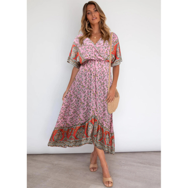 Wholesaler PRETTY SUMMER - Pink slit dress in bohemian chic style
