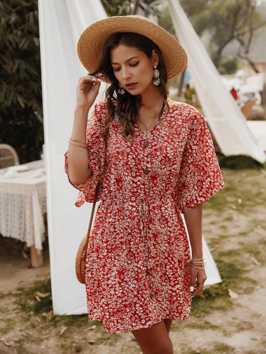 Wholesaler PRETTY SUMMER - Red and ecru floral dress bohemian chic style