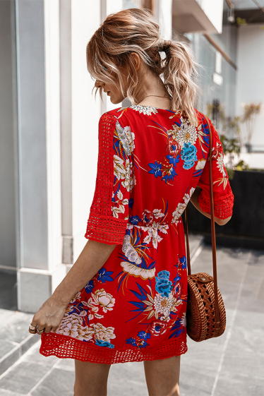 Wholesaler PRETTY SUMMER - Red floral dress bohemian chic style