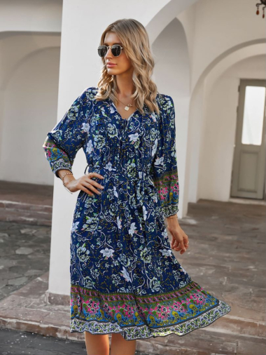 Wholesaler PRETTY SUMMER - Flowy dress Navy blue bohemian chic style