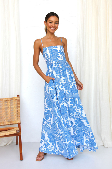 Wholesaler PRETTY SUMMER - Long dress Light blue and white bohemian chic style