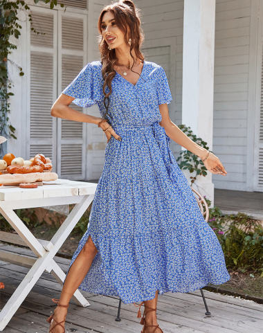 Wholesaler PRETTY SUMMER - Long dress Blue and white bohemian chic style