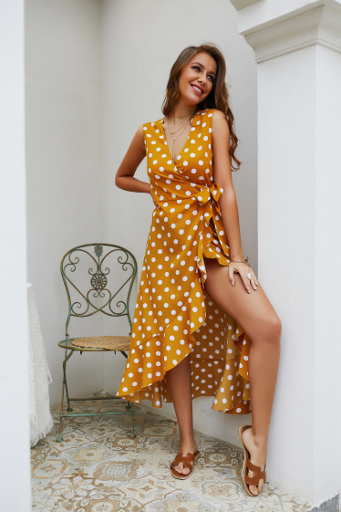 Großhändler PRETTY SUMMER - Langes Kleid im Bohème-Chic-Stil in Gelb und Weiß