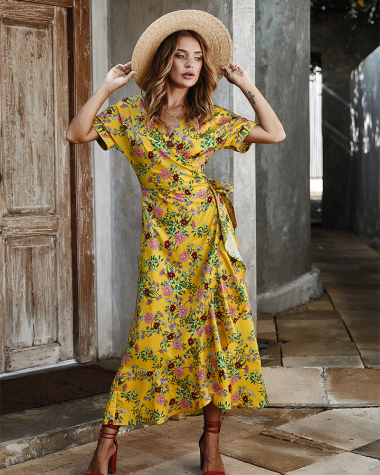 Großhändler PRETTY SUMMER - Gelbes langes Kleid im Bohemian-Chic-Stil