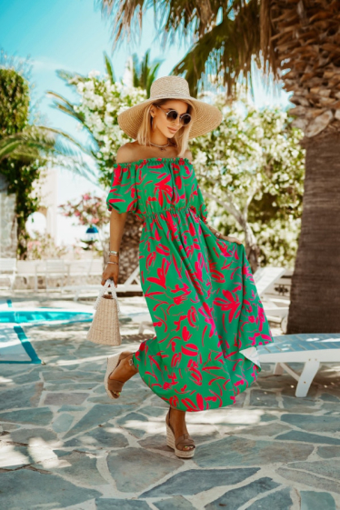 Wholesaler PRETTY SUMMER - Long dress Dark green and red bohemian chic style