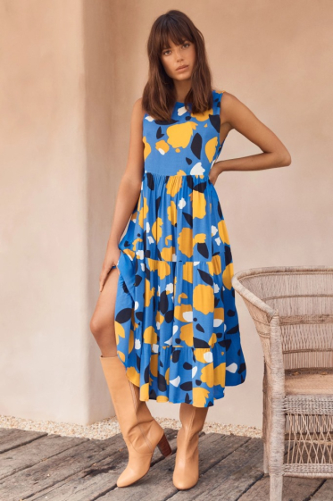 Wholesaler PRETTY SUMMER - Azure and yellow bohemian chic midi dress