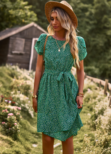 Wholesaler PRETTY SUMMER - Green and white bohemian chic midi dress