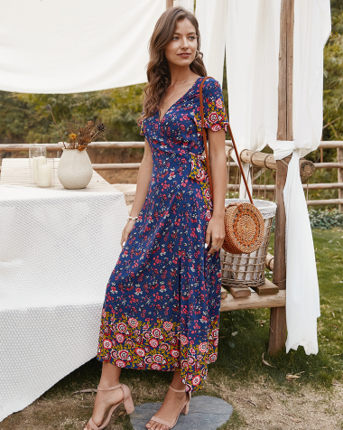 Wholesaler PRETTY SUMMER - Wrap dress Navy blue and pink bohemian chic style