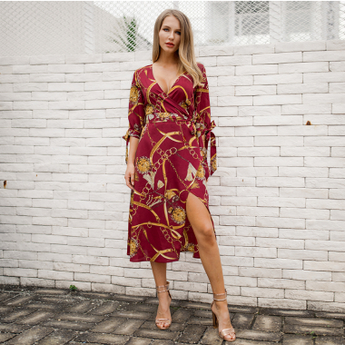 Wholesaler PRETTY SUMMER - Red and mustard bohemian chic wrap dress