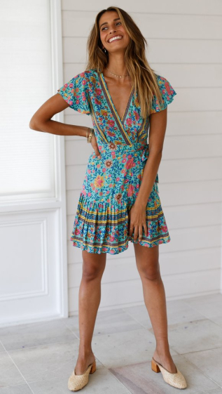 Grossiste PRETTY SUMMER - Robe portefeuille Turquoise style bohème chic