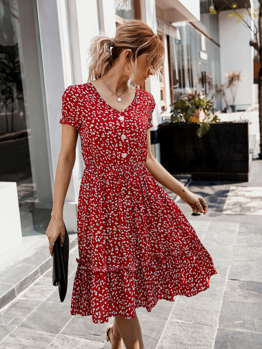 Großhändler PRETTY SUMMER - Rotes Kleid im Bohemian-Chic-Stil