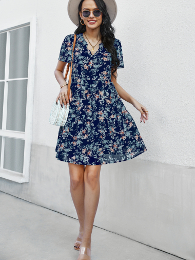 Wholesaler PRETTY SUMMER - Trapeze dress Navy blue and turquoise bohemian chic style