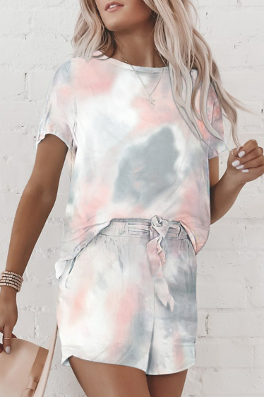 Wholesaler PRETTY SUMMER - Tie and dye t-shirt and shorts Ecru and gray