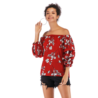 Wholesaler PRETTY SUMMER - Red and white ruffled top, bohemian chic style