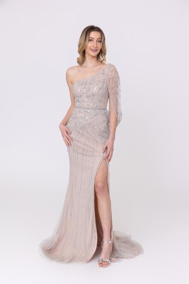 Wholesaler Promarried - Asymmetric silver and nude beaded sheath dress