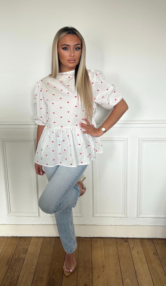 Wholesaler PROMISE - Cotton poplin blouse printed with hearts and knots to tie