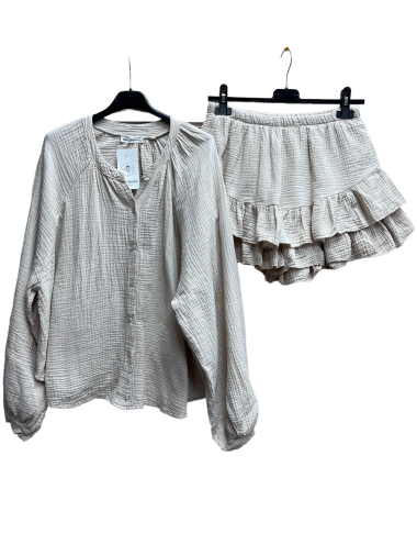 Wholesaler PROMISE - Mandarin collar shirt and skirt-effect shorts set in cotton gauze